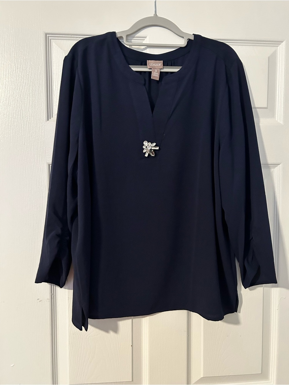 Chico's Navy Long-Sleeve Tunic with Decorative Brooch